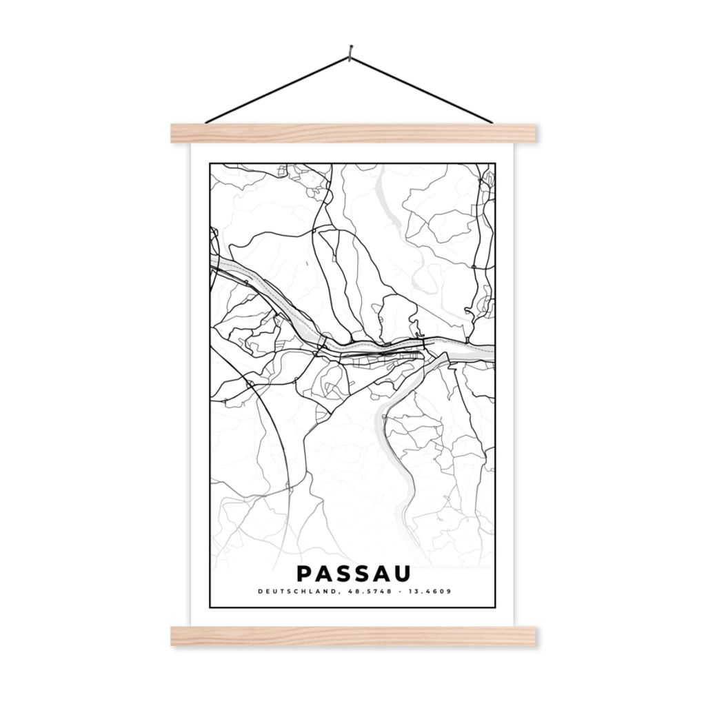 MuchoWow Textilposter Karte - Passau - Stadtplan - Karte 60x90 cm mit holzfarbenen Rahmen - Textil
