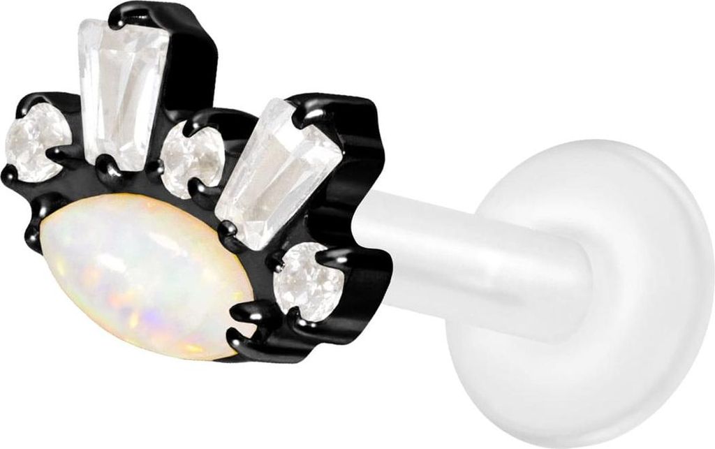 Ohrpiercing, Nasenpiercing PTFE Labret mit Innengewinde + Titan-Aufsatz SYNTHETISCHER OPAL+ KRISTALLE Schwarz Stablänge: 10mm | Stabstärke: 1,6mm