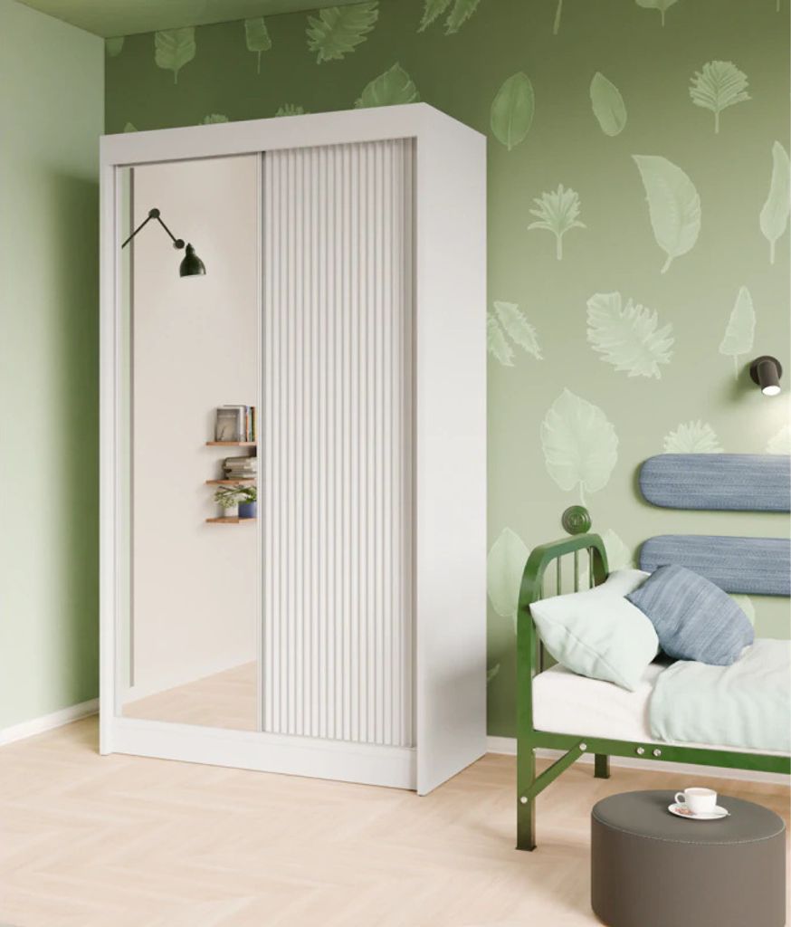 Schwebetürenschrank, 2-türig Kleiderschrank und Spiegel, Moderne Garderobe, Schrank in Größe: 120 x 215 x 61 cm