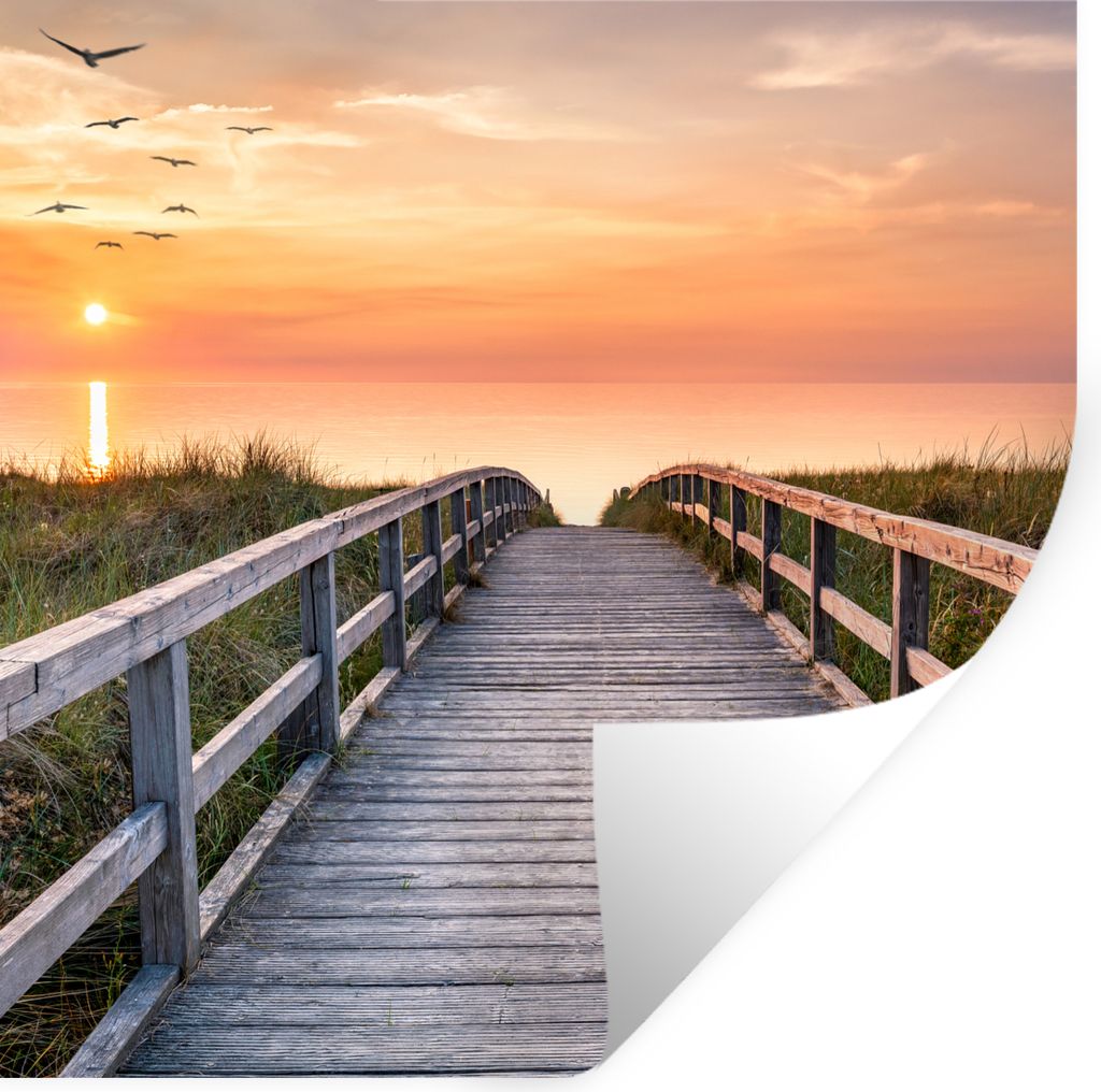 MuchoWow Wandtattoo Wandsticker Wandaufkleber Sonnenuntergang - Meer - Weg - Gras - Düne - Vögel 30x30 cm Selbstklebend und Repositionierbar - ...