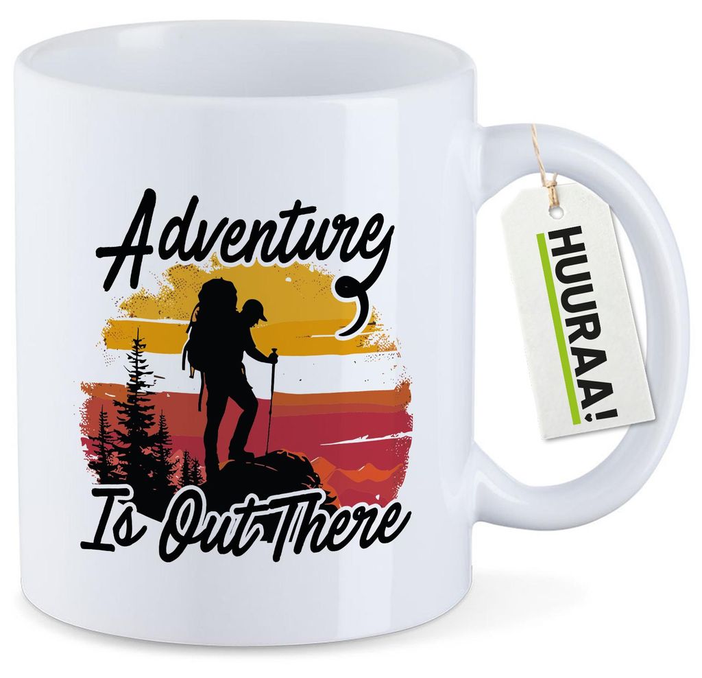 Huuraa Kaffeetasse Adventure is out there Backpacking 330ml Weiß Keramik Kaffeebecher Geschenkidee