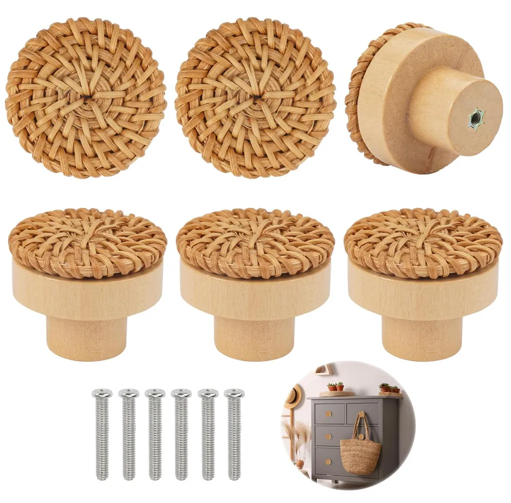Boutons de Meubles pour Cuisine et Salon en Rotin - Pack de 6 Pièces