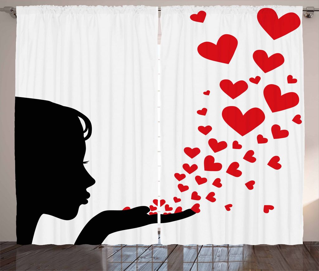 ABAKUHAUS Kuss Rustikaler Gardine, Mädchen Silhouette, Schlafzimmer Kräuselband Vorhang mit Schlaufen und Haken, 280 x 245 cm, Schwarz Weiß Rot