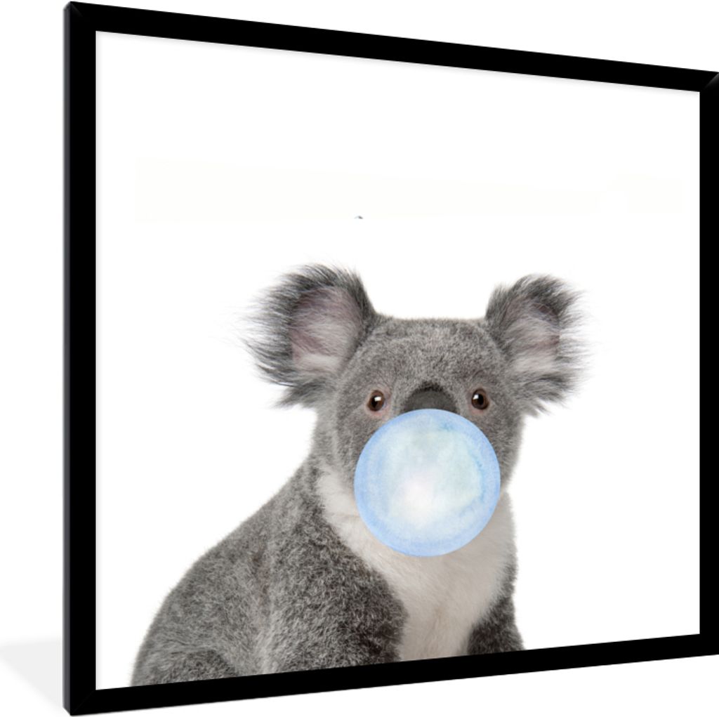 MuchoWow Gerahmtes Poster Tiere - Koala - Blau - Kaugummi - Kinder - Junge 40x40 cm - Poster mit Schwarzem Bilderrahmen Wandposter Rahmen Foto Bi...