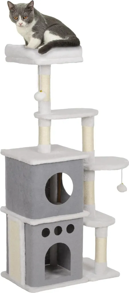 Arbre à chat 126 cm en bois crème à 4 niveaux avec balles suspendues