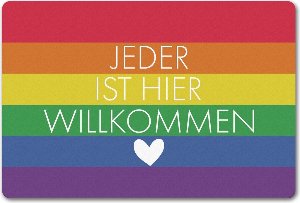 Jeder ist hier willkommen Fußmatte in 40x60 cm ohne Rand mit Regenbogenfahne