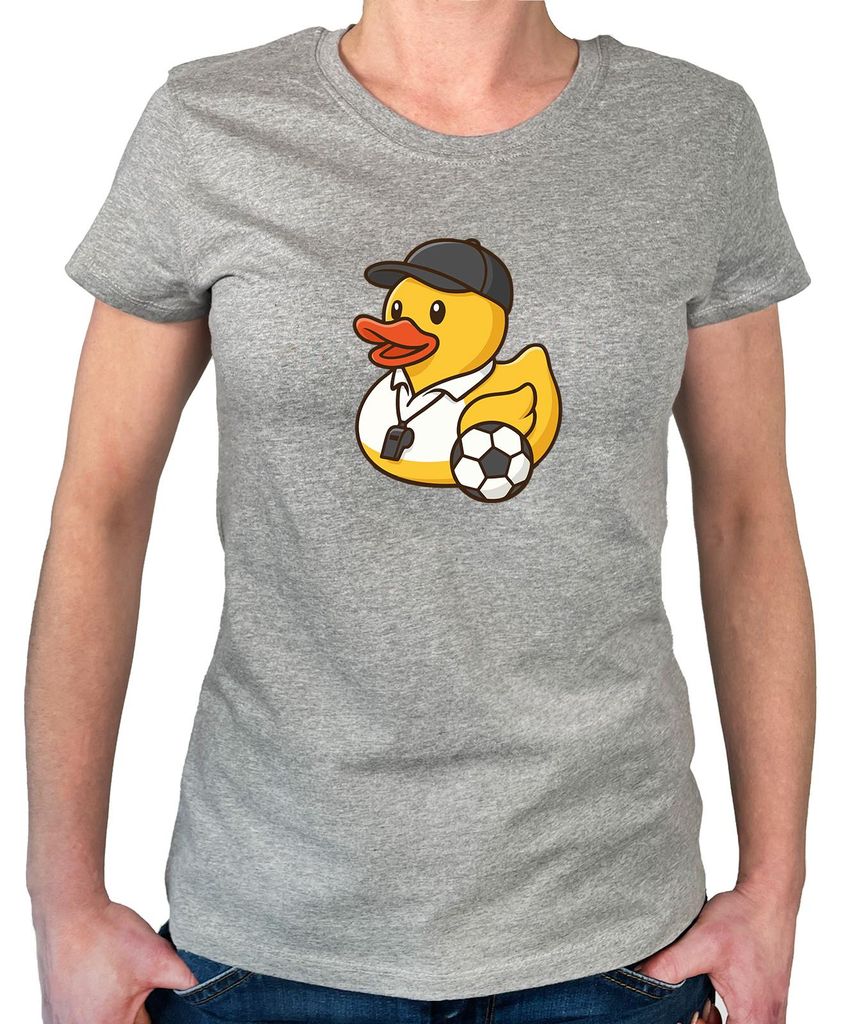 Huuraa Damen T-Shirt Quietscheente Fussball-Trainer Gummiente Coach M Sport Grey Bio Baumwolle Fairtrade Damenshirt Geschenkidee