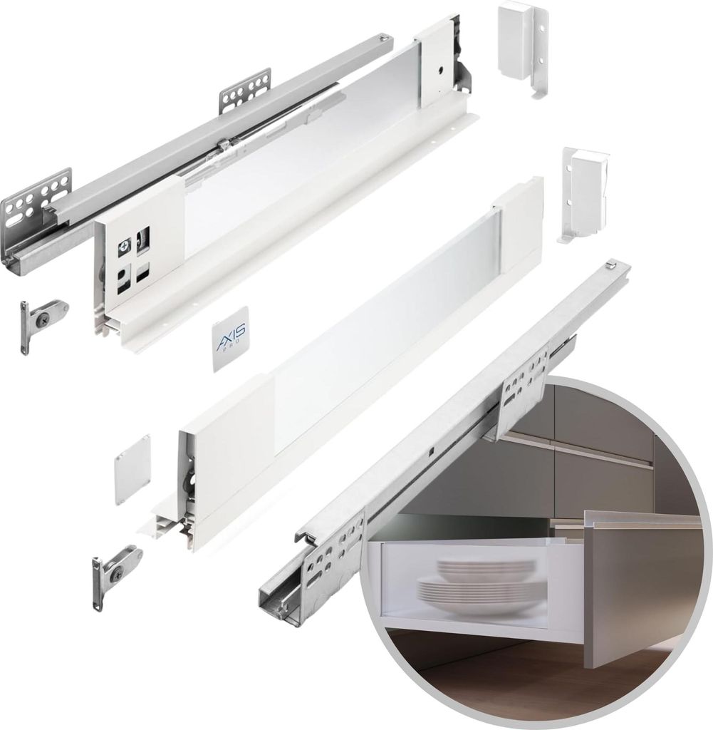 GTV - Schubladensystem AXIS PRO | Schublade mit Glasseiten | Schubkasten | Schubkastensystem | Höhe: 84 mm Länge: 400 mm | Weiß mit milchigem Glas