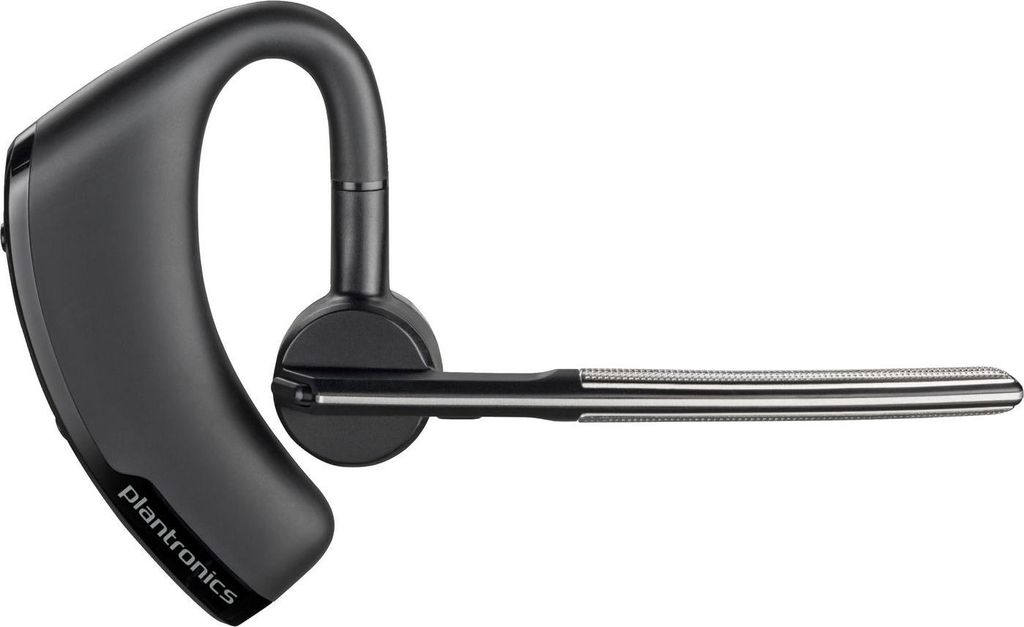 A black Plantronics Voyager Legend Bluetooth headset is shown against a white background.