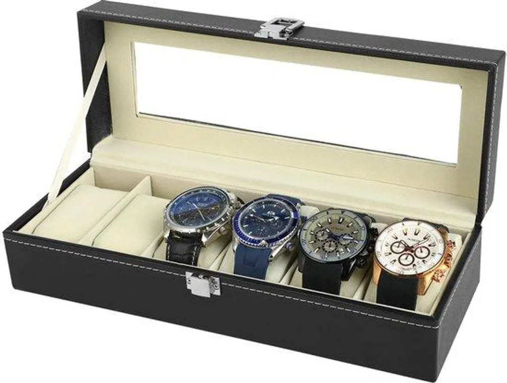 Boîte à montres noire 6 emplacements avec couvercle en verre clair