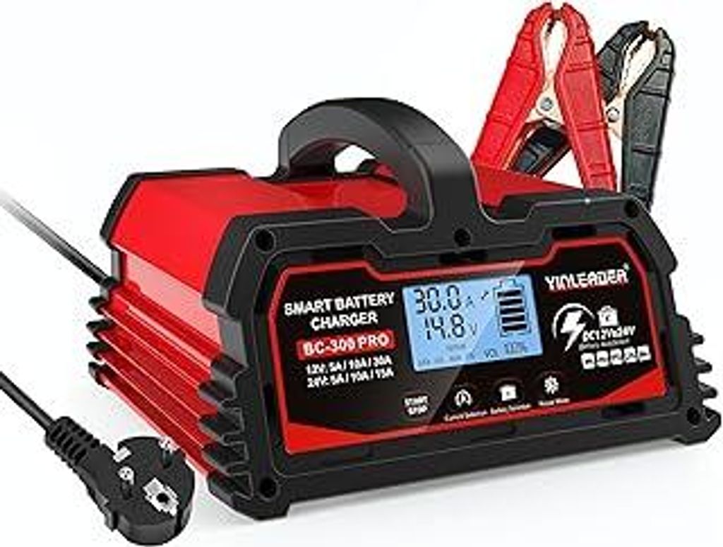 Autobatterie Ladegerät 30A 12V/24V Batterieladegerät Auto Vollautomatisches Intelligentes Erhaltungsladegerät mit LCD-Bildschirm