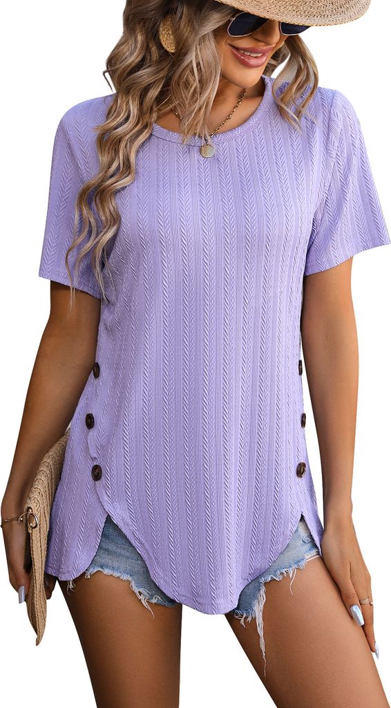 ASKSA Damen T-Shirt Rundhals Sommer Kurzarm Elegant Einfarbig Laessig Lose Gebogener Saum Tunika Oberteile (Lila,XL)