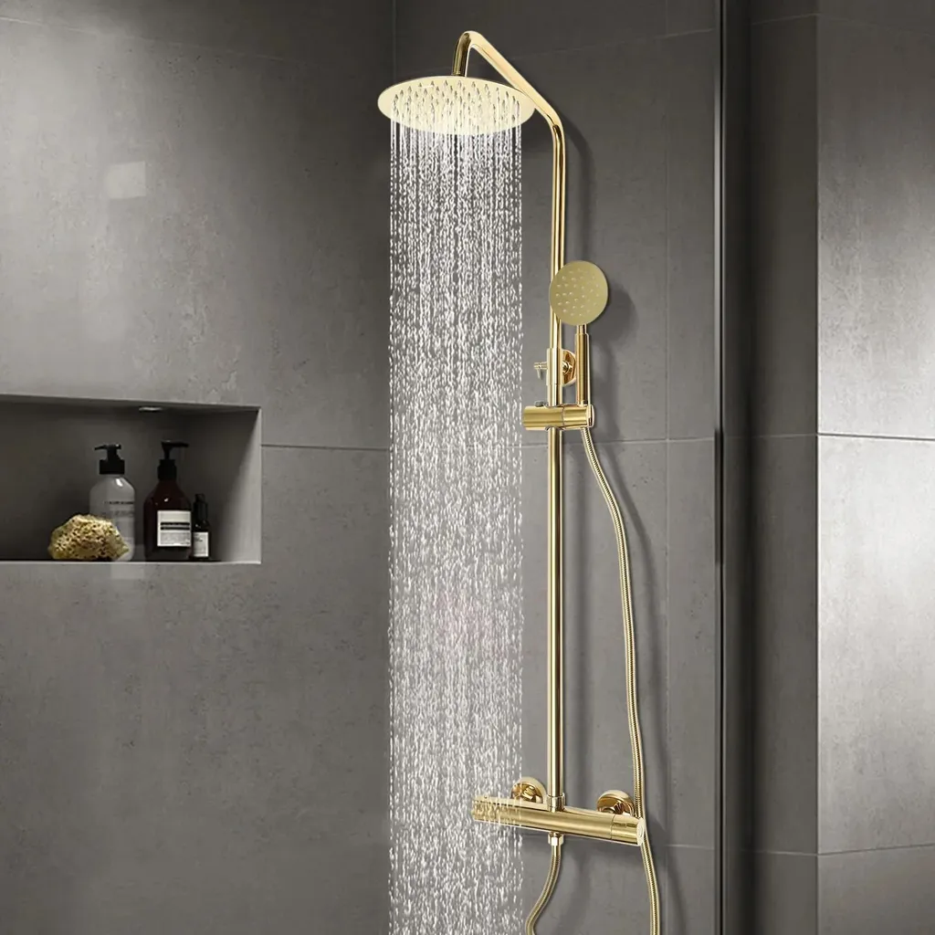 Colonne de douche dorée thermostatique avec grand ciel de pluie et douchette - 4