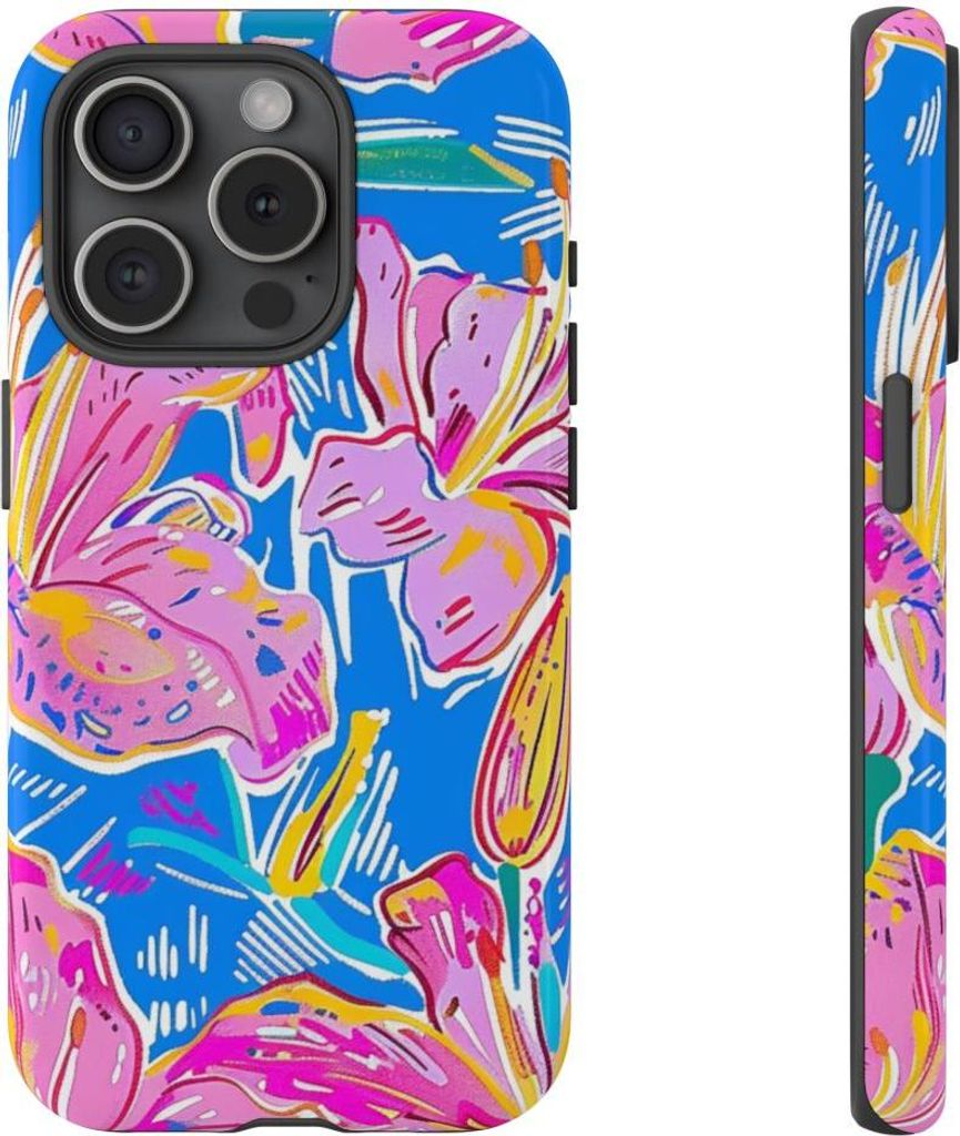 Glänzendes Blumenmuster in Pink und Gelb – Hülle Kompatibel mit iPhone 15 Pro