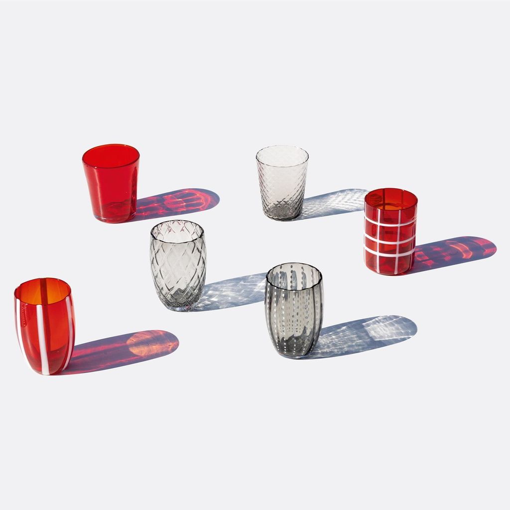 6er-Set zweifarbige Trinkgläser aus der Melting Pot Kollektion aus dekoriertem Glas - Rot und Grau - Safran