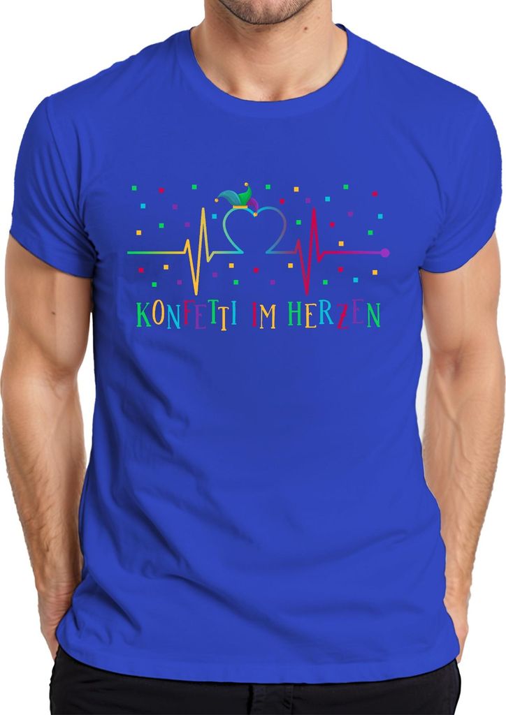 KONFETTI IM HERZEN Karneval Fasching Narrenkappe Herzlinie bunt Herren T-Shirt, Blau, L