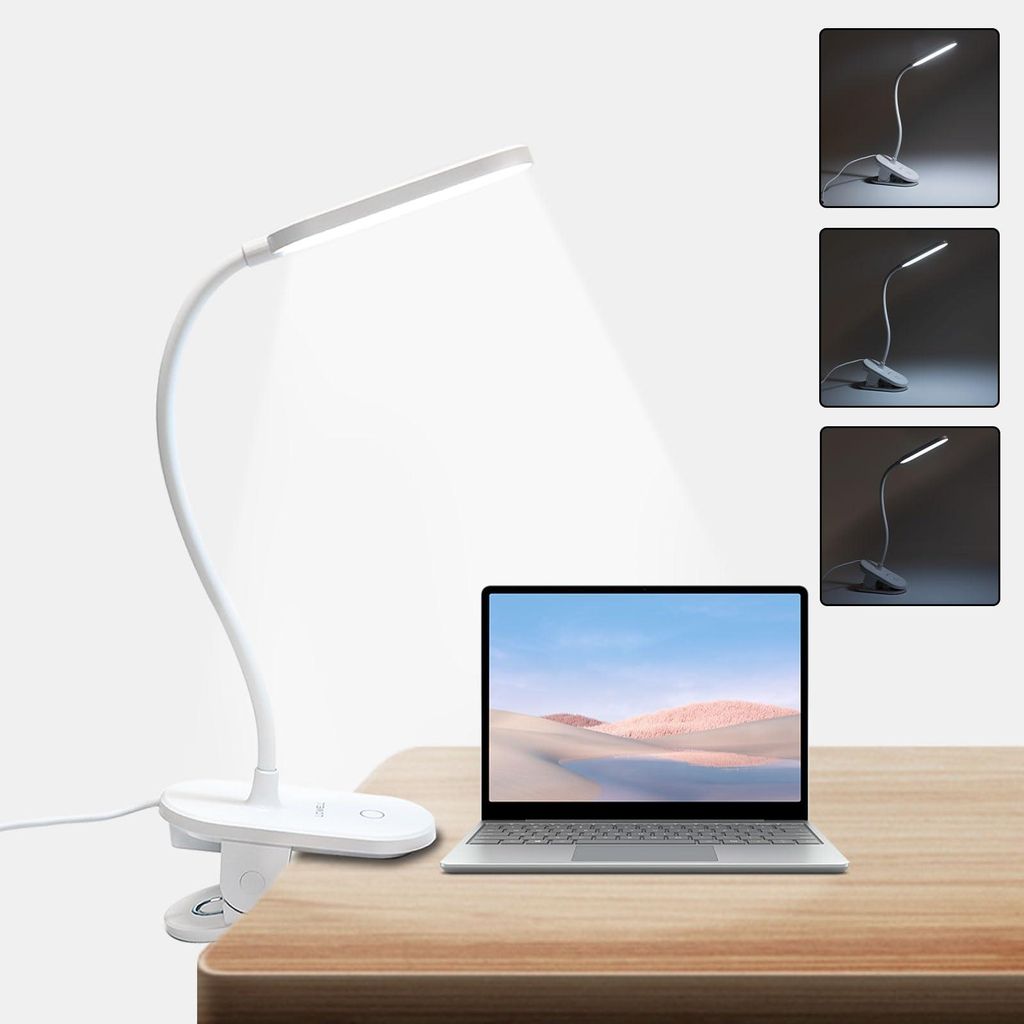 LQWELL Klemmlampe Leselampe Bett, Dimmbare Klemmleuchte, 3 Helligkeitsstufen & 360° Flexible Klemme Schreibtischlampe für Heimbüro (Weiß)