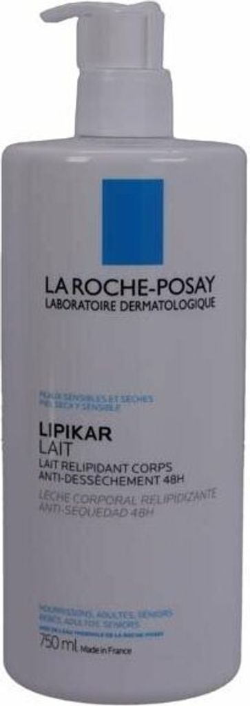 A white pump bottle of La Roche-Posay Lipikar Lait body lotion.
