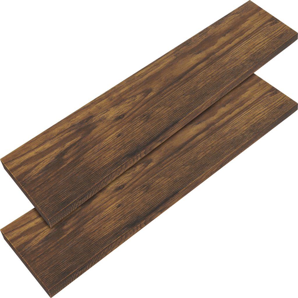 Two wooden shelves with a dark oak finish are shown diagonally on a white background.