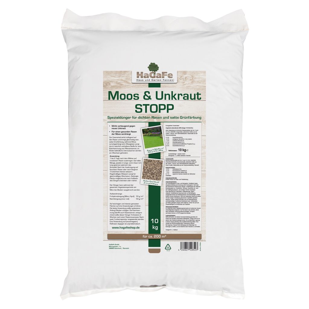 HaGaFe Rasendünger Moos und Unkraut - Stopp, 1 x 10kg, Spezialdünger gegen Moos und Unkraut im Rasen ohne Pflanzenschutz