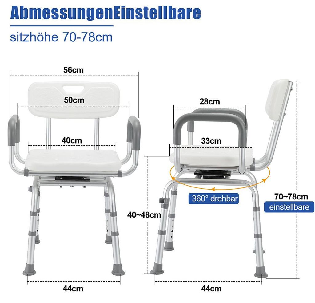 Ikodm Badhocker Duschhocker Höhenverstellbarer 360° Drehbar Badestuhl Verstellbar Badehilfe Duschstuhl Quadrat Duschsitz