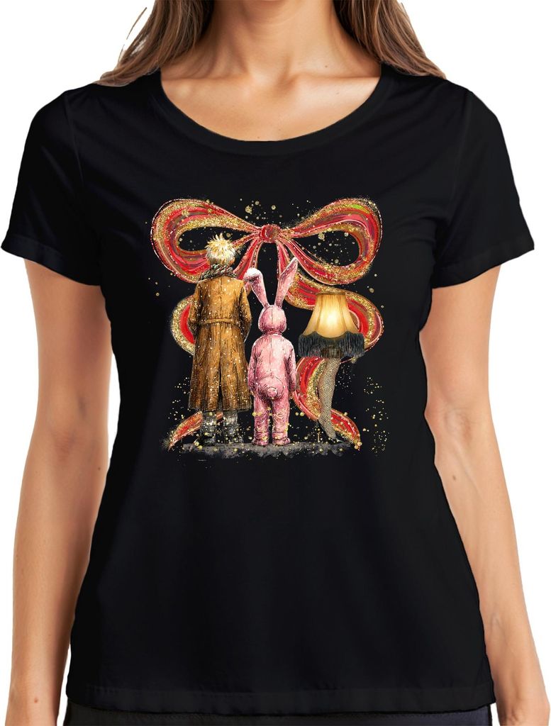 Leg Lamp rosa Hasenkostüm Junge im Mantel Weihnachten Retro Damen T-Shirt, Schwarz, M