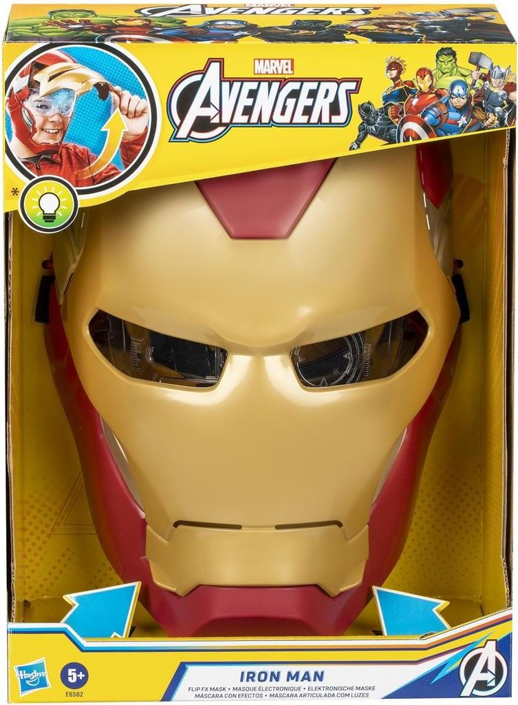 The image shows the packaging of an Iron Man mask, with the mask itself prominently displayed.