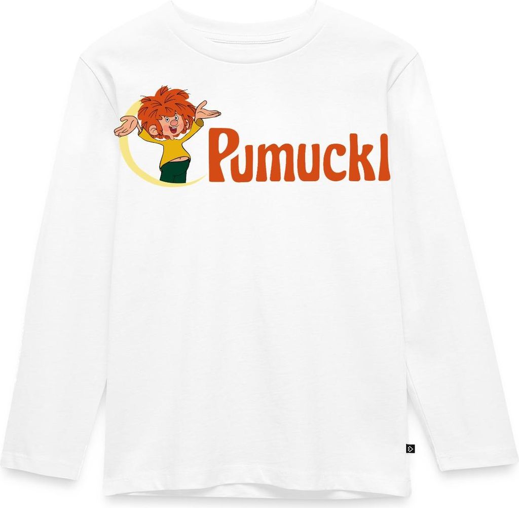 Spreadshirt Pumuckl Mit Frecher Pose Und Logo Schriftzug Kinder Premium Langarmshirt, 110/116 (4 Jahre), Weiß