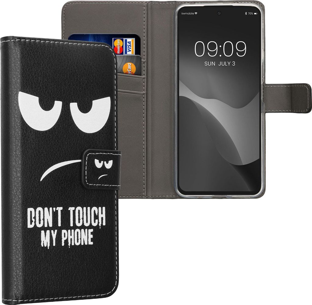 kwmobile Wallet Case kompatibel mit Xiaomi Redmi 13 Hülle - Cover mit Ständer und Kartenfächern - Don't touch my Phone Weiß Schwarz
