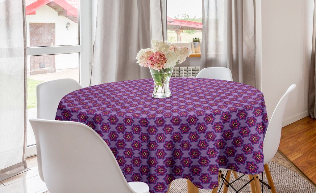 ABAKUHAUS Bohemien Runde Tischdecke, Abstrakt Ethnische Blumenkunst, Kreis Tischdecke Abdeckung für Esszimmer Küche Dekoration, 150 cm, Lavendel-...
