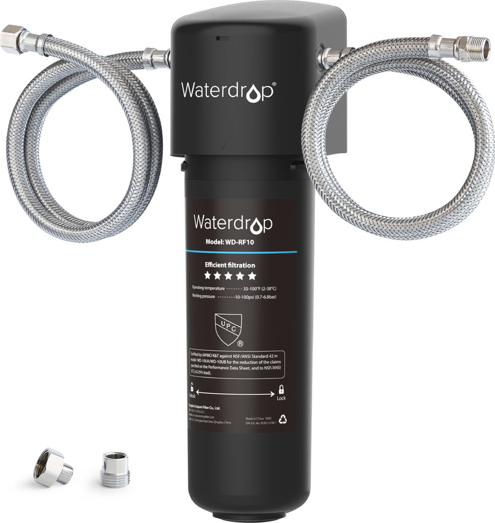 A black water filter system with two braided hoses attached, shown against a white background. Two small metal fittings are placed at the bottom left of the image.