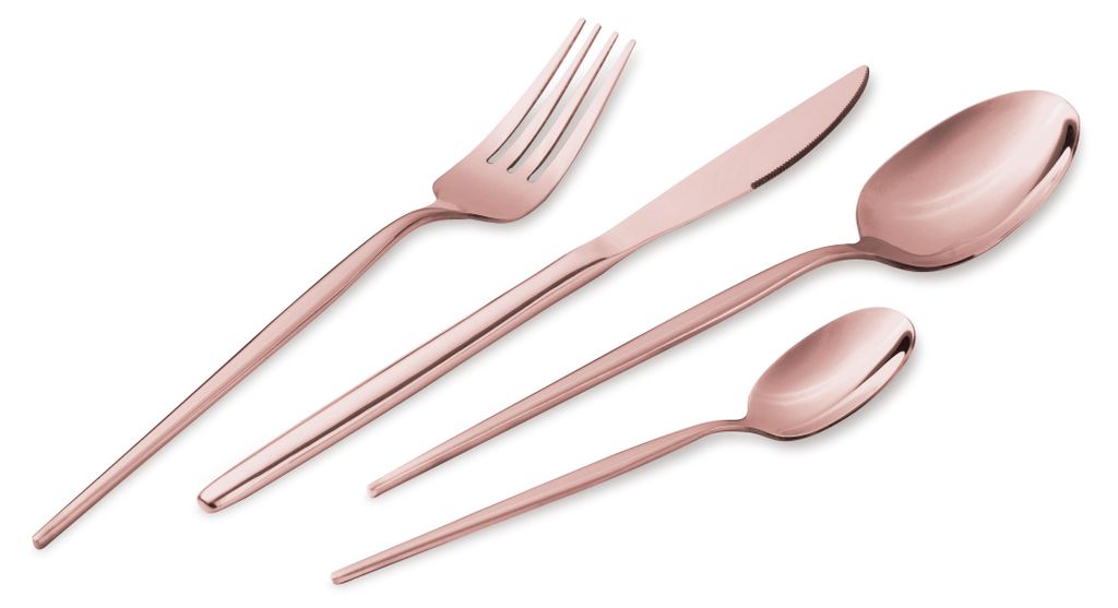 A set of rose gold cutlery, including a fork, knife, and two spoons, arranged diagonally on a white background.