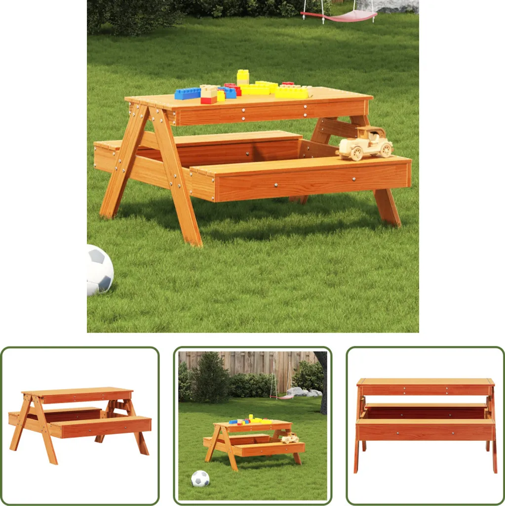 Tavolo Picnic Bambini Legno Massello Wax Brown 88x97x52 cm The Living Store
