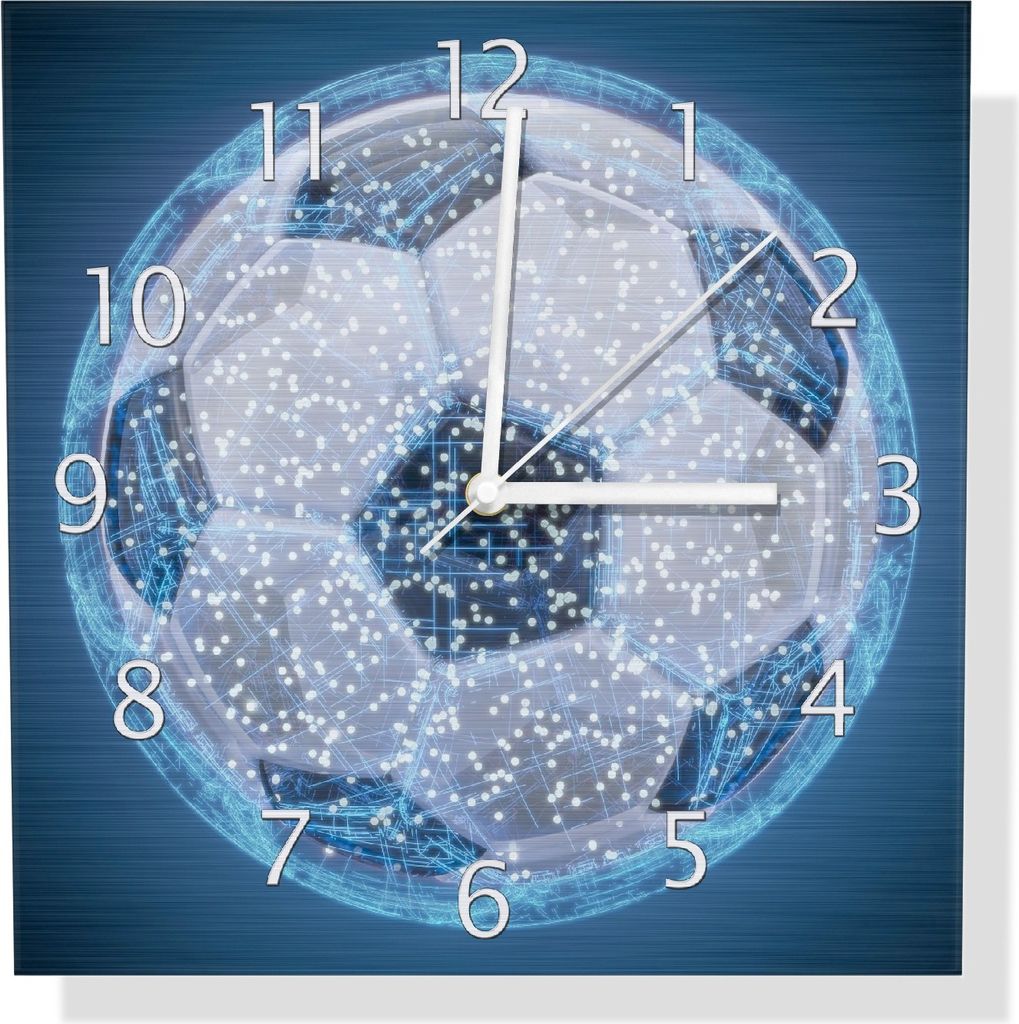 Wallario Design Wanduhr Fußball digital - Netzwerk in blau aus Aluverbund, Größe 30 x 30 cm