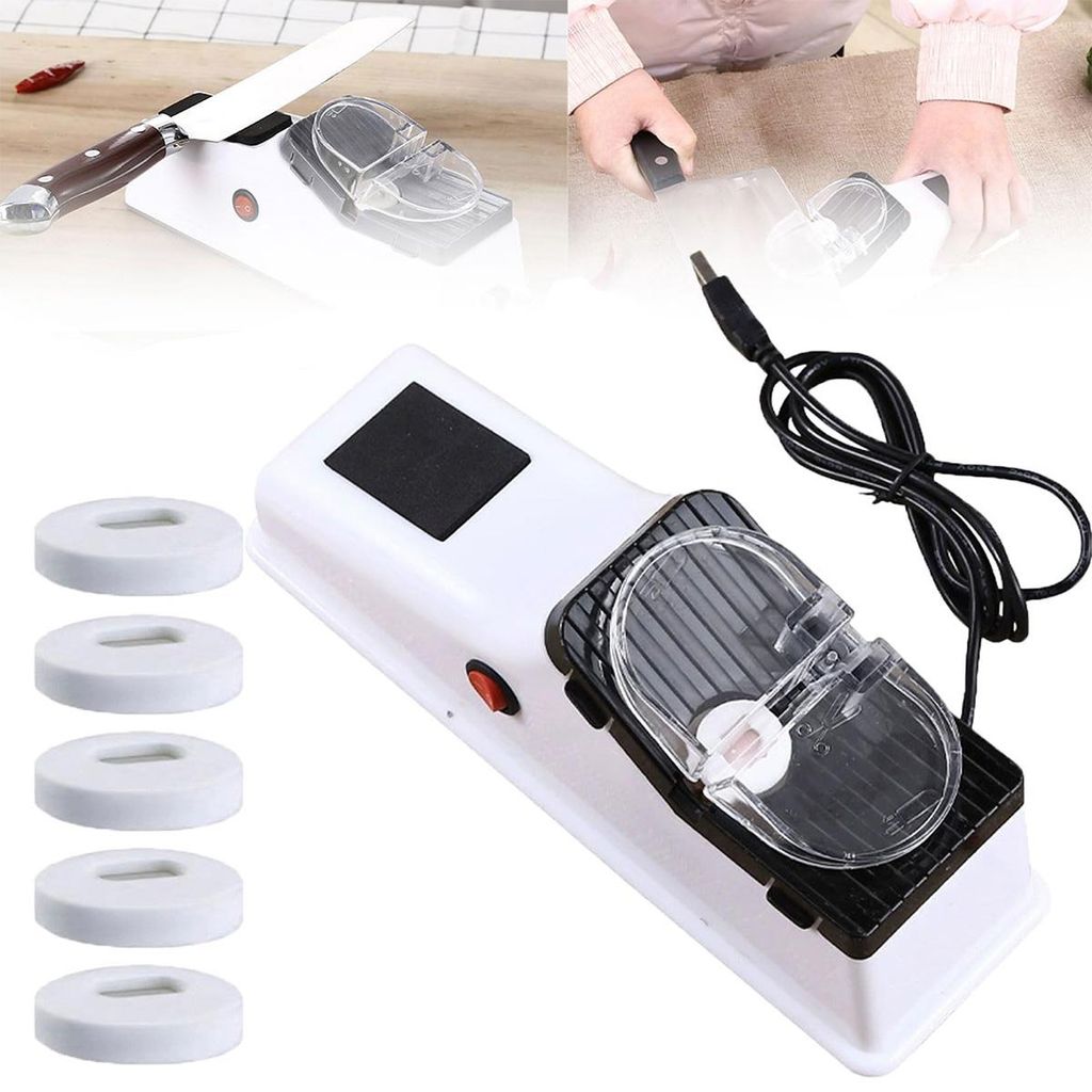 Elektrischer USB-Messerschärfer mit 5 Ersatz-Schleifaufsätzen, doppelseitiger Messerschärfer zum schnellen Schärfen und Polieren