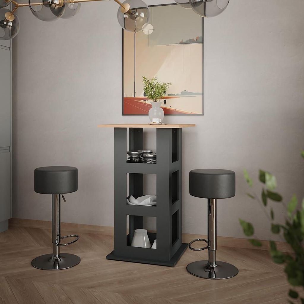 Vicco Bartisch-Set Repose, 65 x 65 cm mit 2 Barhockern, Goldkraft Eiche/Anthrazit/Schwarz