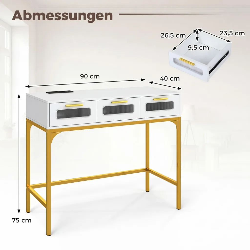 Table console COSTWAY blanche et dorée avec éclairage LED et 3 tiroirs