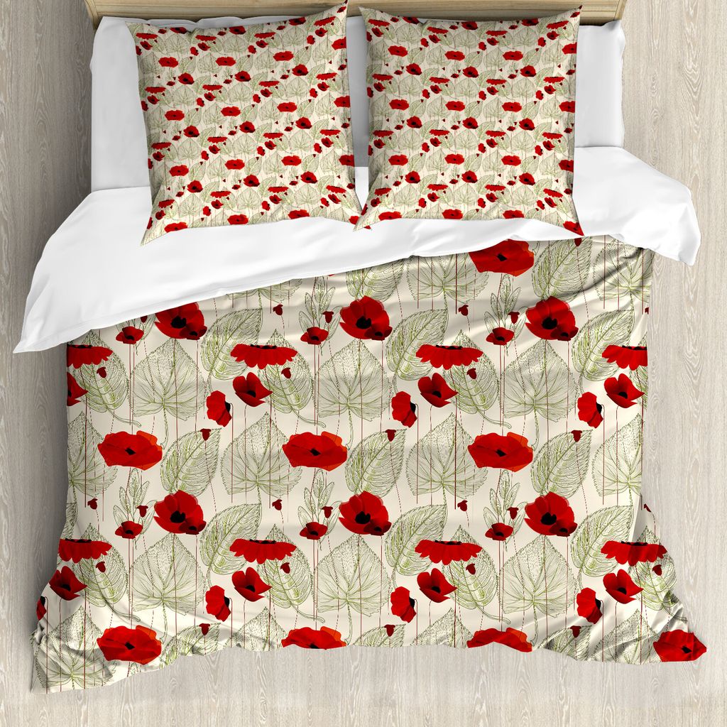 ABAKUHAUS Mohn Bettbezug, Sketch Blätter Rural Flora, Milbensicher Allergiker geeignet mit Kissenbezügen, 155 cm x 220 cm - 80 x 80 cm, Scarlet F...