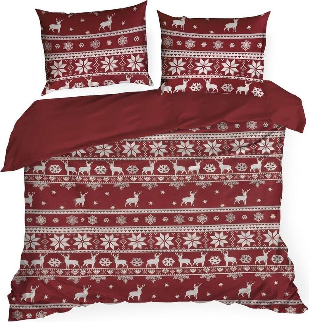 EUROFIRANY | Weihnachtsbettwäsche - Baumwolle - rot creme - 160 x 200 cm - - Bettgarnitur - Weihnachtsmotiv