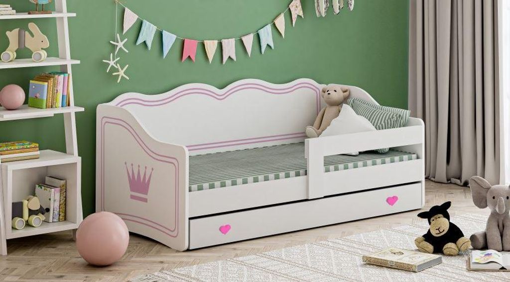Kinderbett ROYAL 160x80 cm ROSA mit Schublade Matratze Lattenrost Rausfallschutz Krone