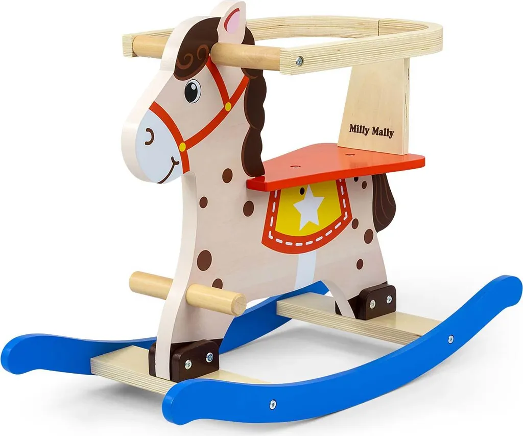 Cheval à bascule Milly Mally Lucky 12 en bois bleu et rouge avec dossier