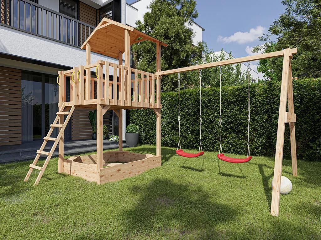 Belladoor Naturbelassen Spielturm Tilly Premium mit Doppelschaukel, Lärche Holz unbehandelt, große Plattform mit Leiter, inklusive Sandkasten und...