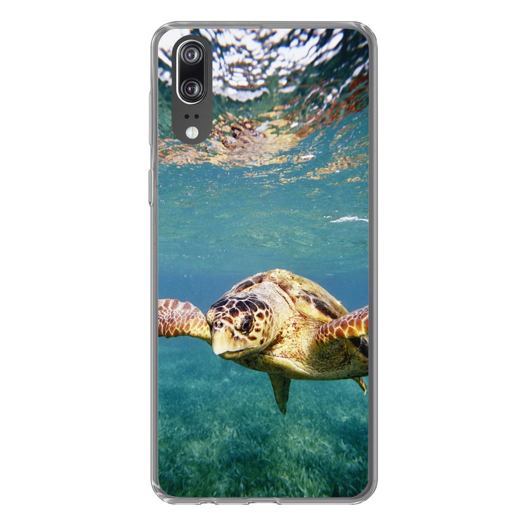 MuchoWow Handyhülle Schutzhülle Hülle für Huawei P20 Schildkröte - Wasser - Blau Silikon Softcase Handy Hülle - Hardcover
