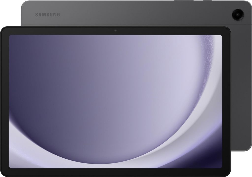 A gray Samsung tablet is shown from the front and back.