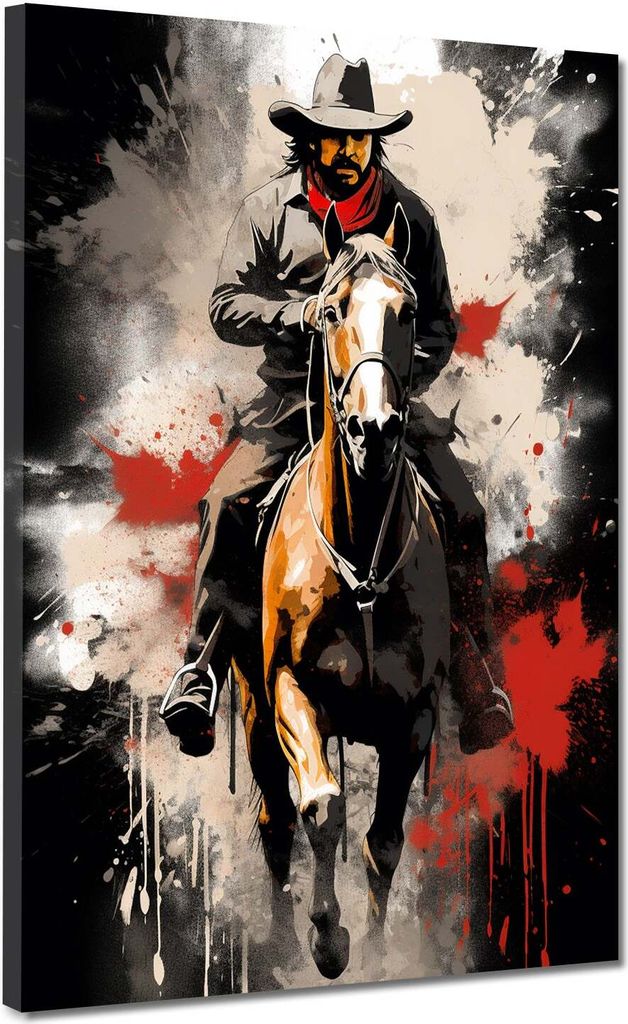 Western Cowboy auf Pferd Dark Style Leinwandbild Wandbild Kunstdruck XL Wanddeko: 75x100x2cm