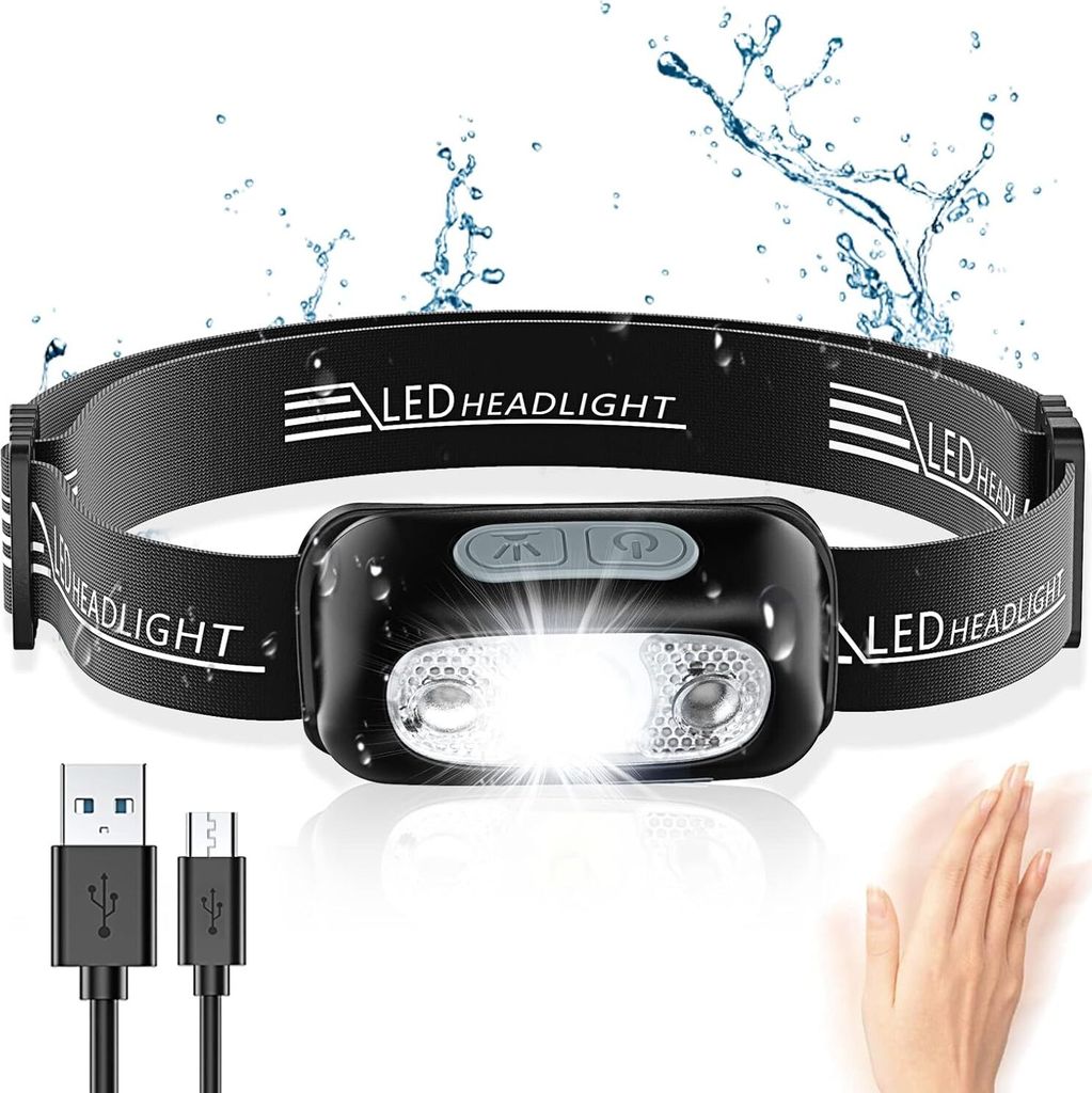 Leistungsstarke LED-Stirnlampe mit Bewegungsmelder, wasserdicht, professionell, per USB wiederaufladbar, für Camping, Wandern, Laufen, Radfahren, ...