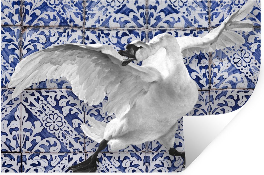 MuchoWow Wandtattoo Wandsticker Wandaufkleber Schwan - Kunst - Delfter Blau - Malerei - Alte Meister 90x60 cm Selbstklebend und Repositionierbar ...