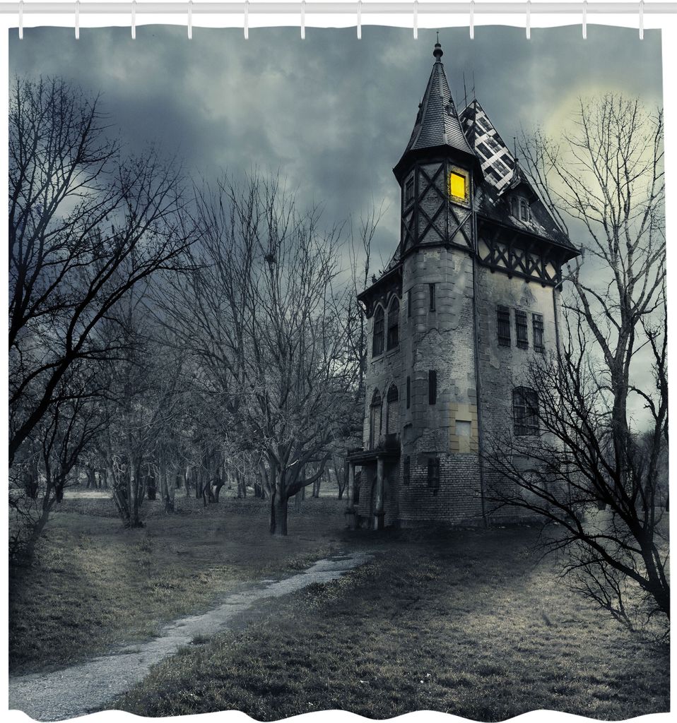 ABAKUHAUS Halloween Duschvorhang, Halloween-Design mit gotischen Spukhaus-dunklen Himmel und blattlosen Bäumen Spuk-Thema, Stoffliches Gewebe Bade...