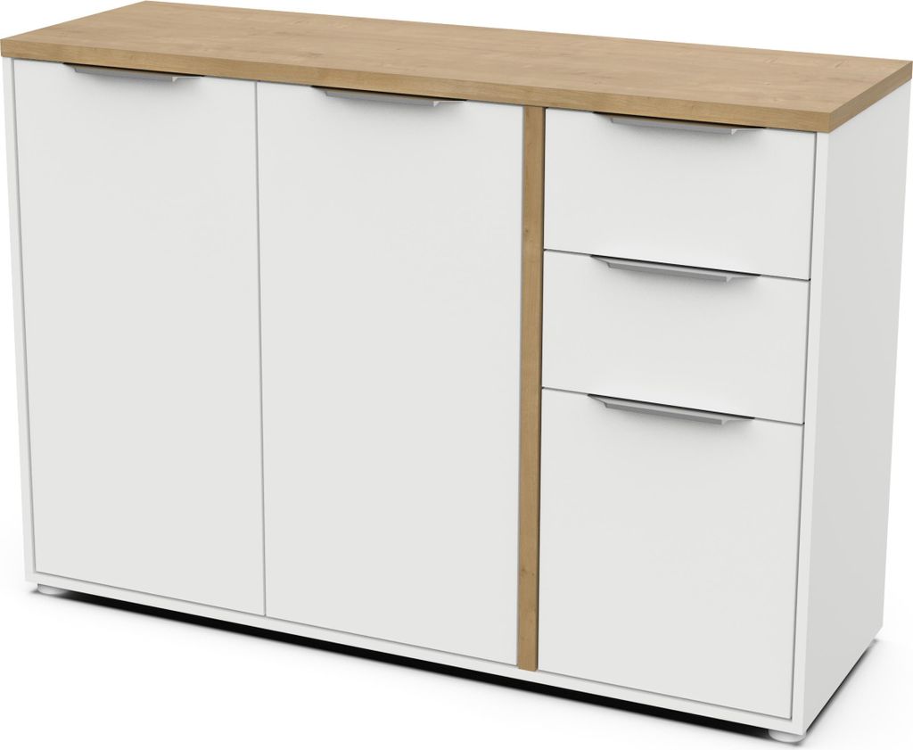 ACCESS Sideboard – 3 Türen + 2 Schubladen – Hamilton-Eiche und Weiß – 121,5 x 39,6 x 85,6 cm