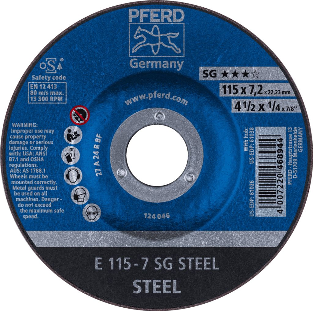 Schruppscheibe 115x7,2mm f.Schweißnähte hart gekröpft PFERD Bohrung 22,23mm